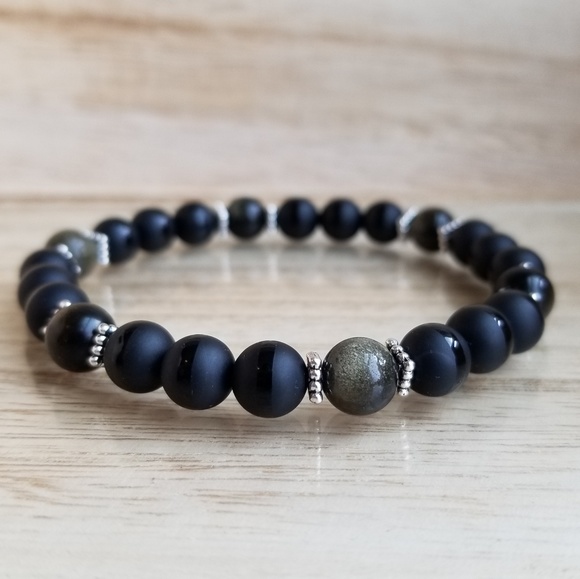 Vicky Beeds Other - Gold Obsidian & Onyx Beaded Stretch Bracelet